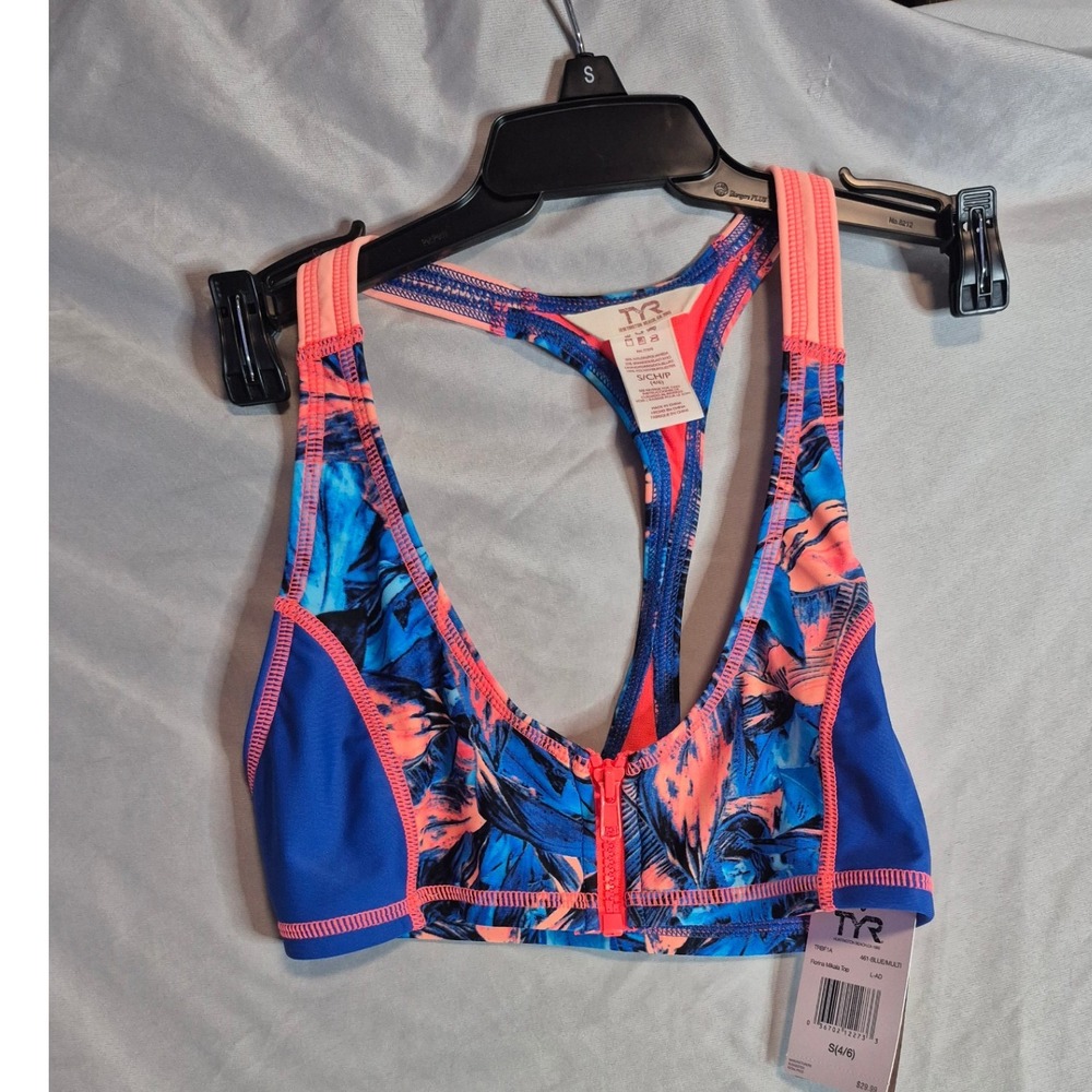 TYR Florina Mikala Top‎ S(4/6) Blue Multi Floral Zip Front Racerback Swimsuit